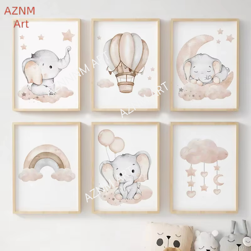 Baby Nursery Fabric - Fil Balon Gökkuşağı Ay Yıldız Bulut