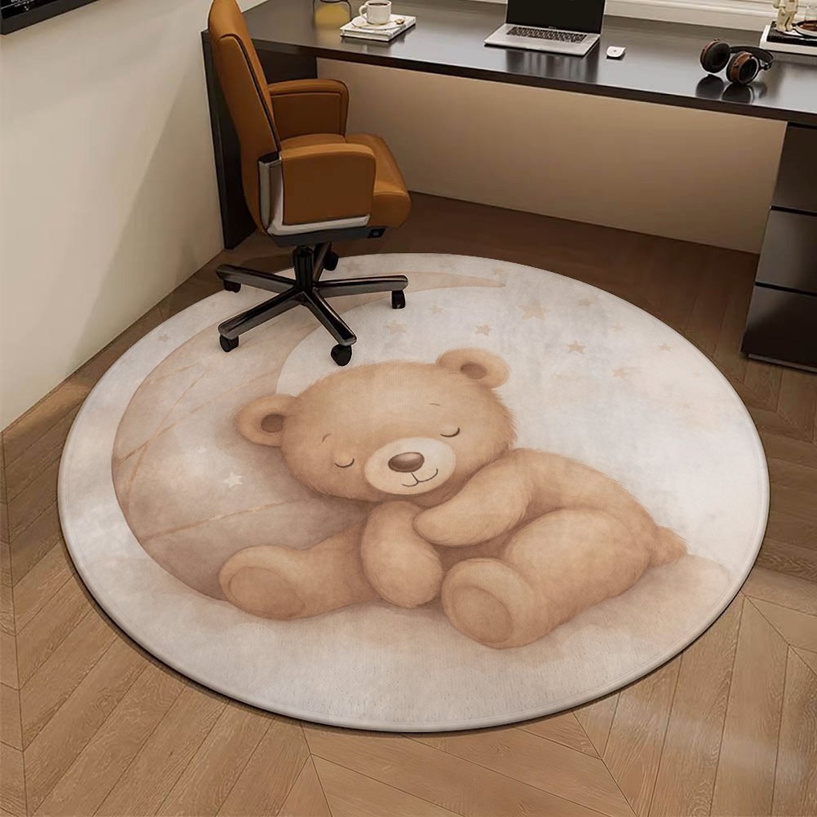Soft Rug Nursery - Sevimli Ayıcık Ay Desenli Peluş Yuvarlak