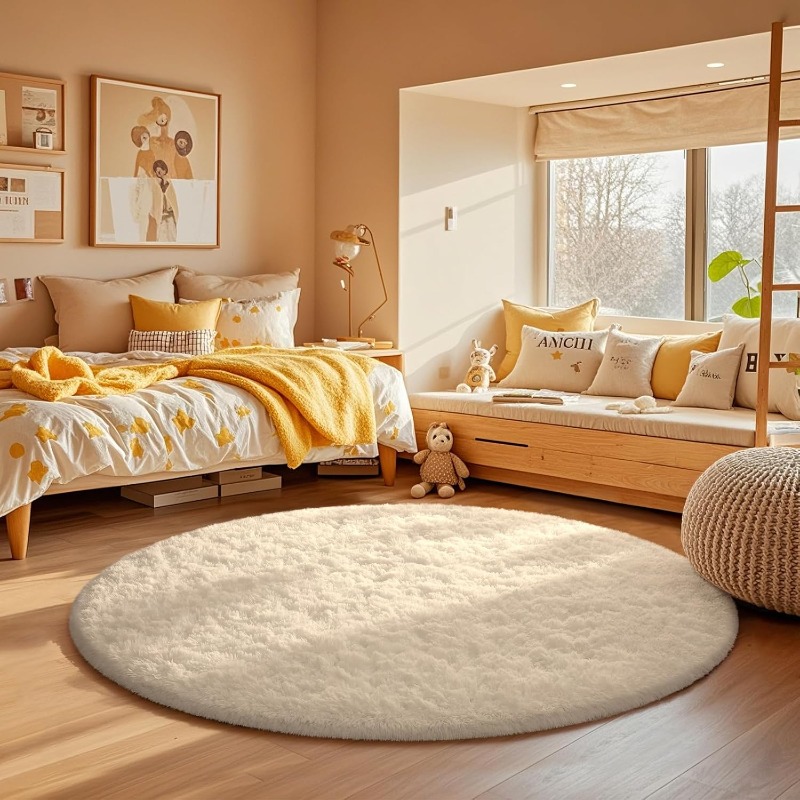 Soft Rug Nursery - Yuvarlak Krem Beyaz Halı Yumuşak Kabarık