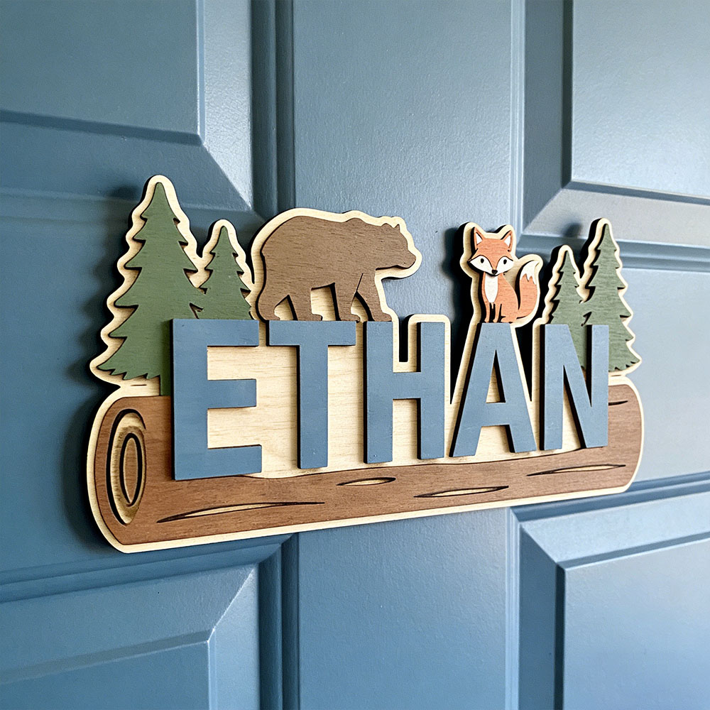 Baby Nursery Wall - Orman Hayvanı Kişiselleştirilmiş İsimli Ahşap Tabela