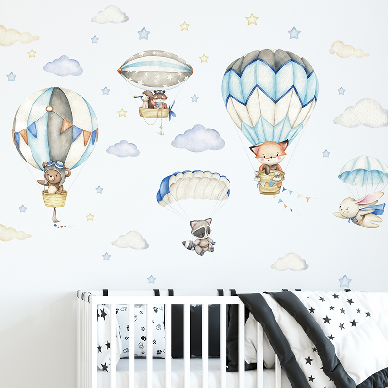 Baby Nursery Artwork - Karikatür Sevimli Hayvanlar Sıcak Hava Balonu