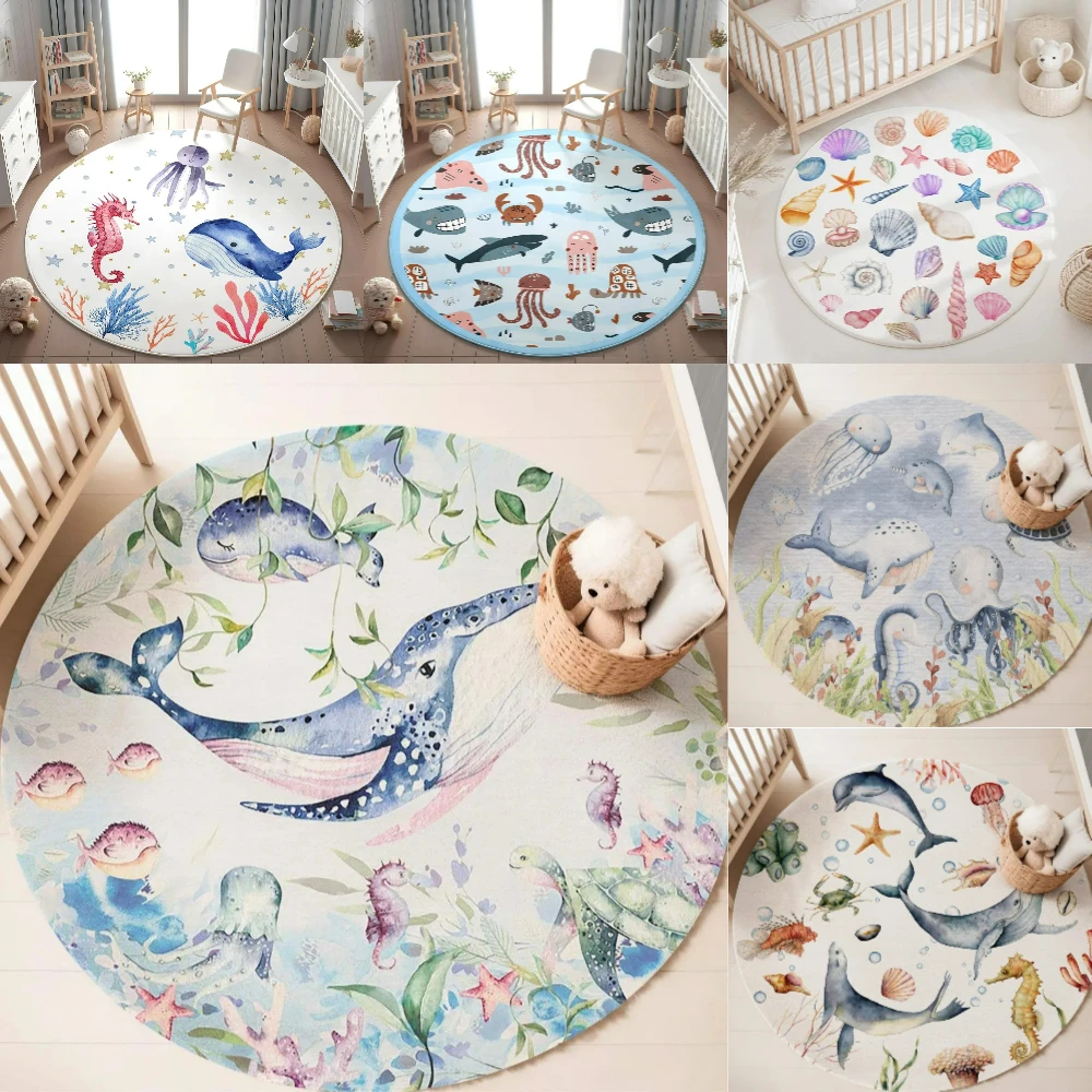 Soft Rug Nursery - Mavi Deniz Hayvanı Yuvarlak Halı Oturma